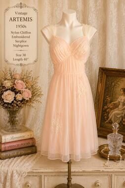 Vintage Artemis 1950s Blush Nylon Chiffon Embroidered Surplice Nightgown Size 38